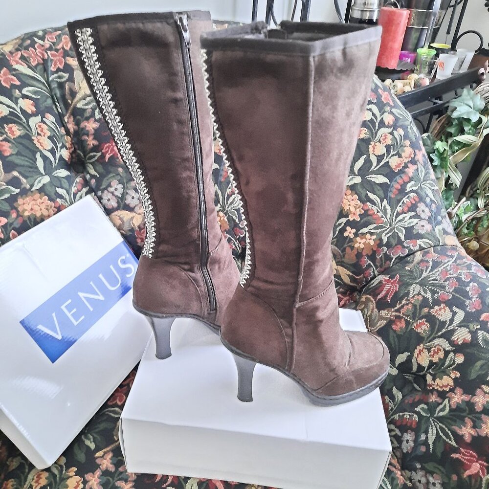 BELOW KNEE LADIES DARK BROWN SUEDE LIKE 2" HEEL BOOTS